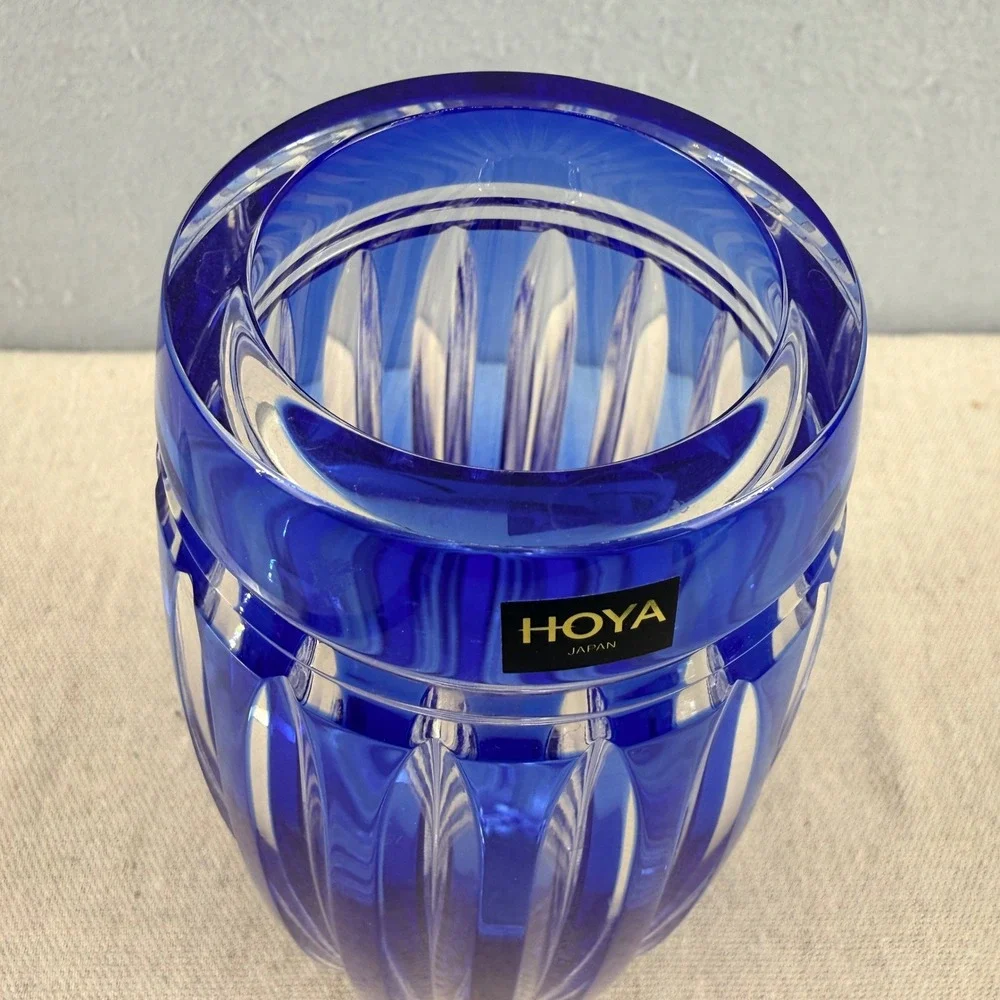 Hoya Cobalt Blue Cut Crystal‎ Vase Japanese Modernist Faceted 8
